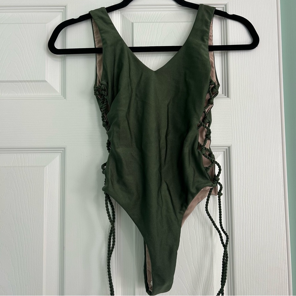 New Rio de sol Dark Metallic Green One-Piece Swimsuit with Gold lace up detail